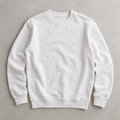 one white men's plain crew-neck long-sleeve sweatshirt with ribbed neckline cuffs and hem, no hood