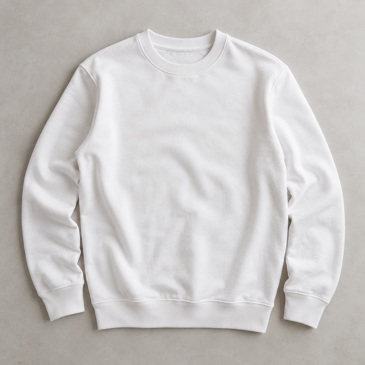 one white men's plain crew-neck long-sleeve sweatshirt with ribbed neckline cuffs and hem, no hood