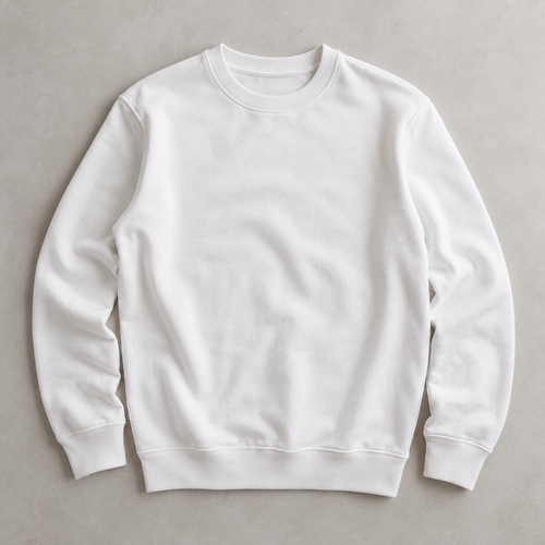 one white men's plain crew-neck long-sleeve sweatshirt with ribbed neckline cuffs and hem, no hood