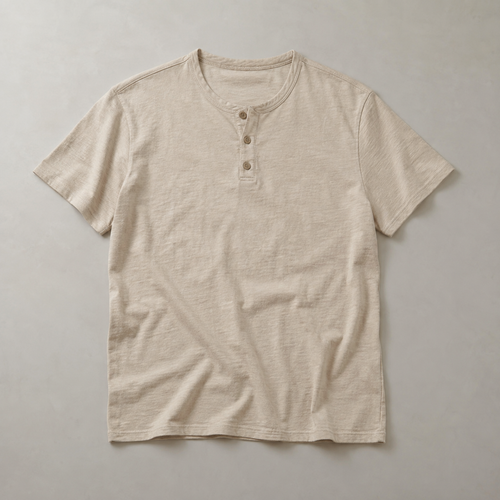 one beige men's short-sleeve henley shirt with round collarless neckline and three-button placket