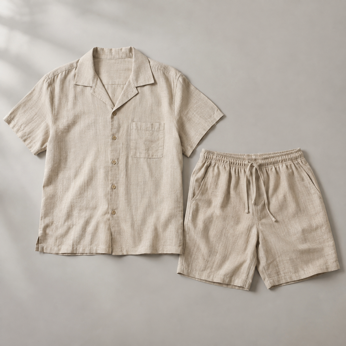 one beige men's two-piece set consisting of a short-sleeve button-front camp-collar resort shirt and matching drawstring shorts arranged side by side, both fully visible